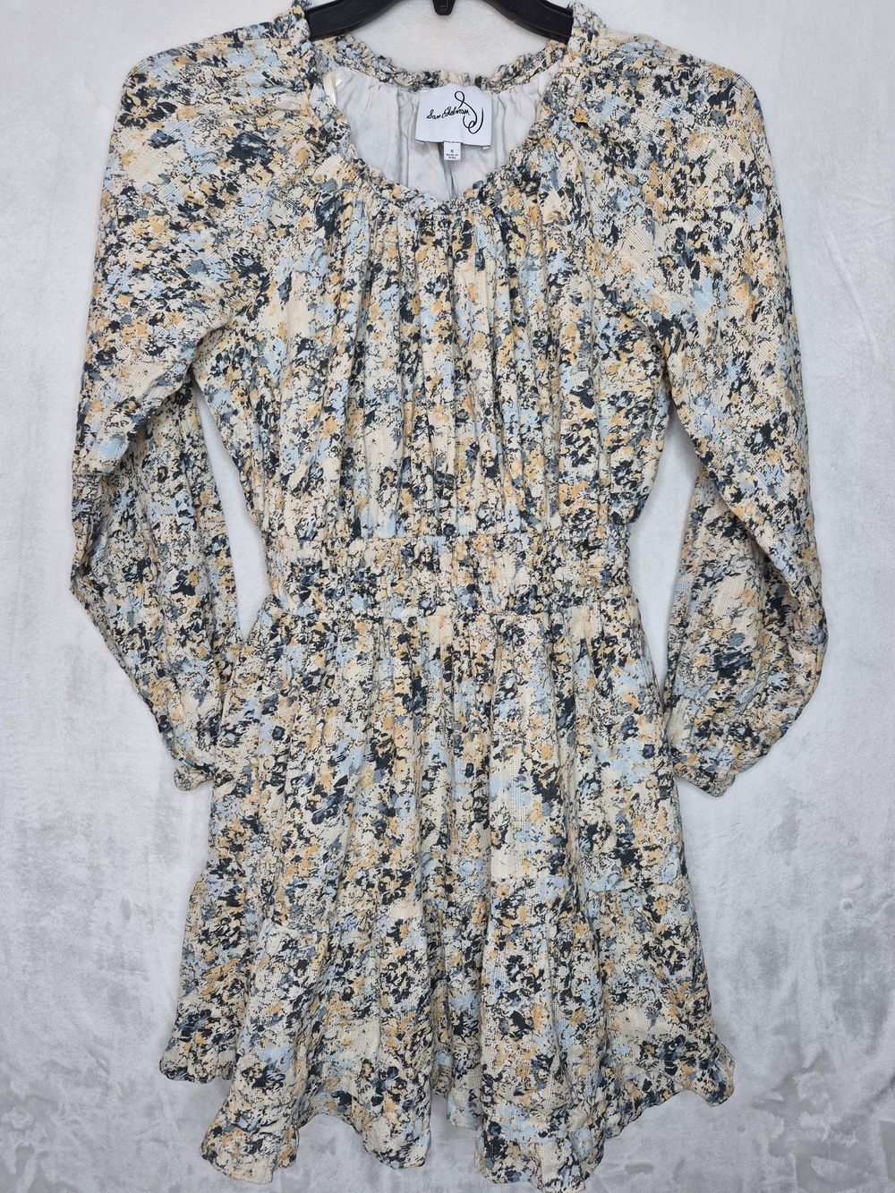 Sam Edelman Bailey Floral Smocked Waist Mini Dress Blue Cream Womens Small